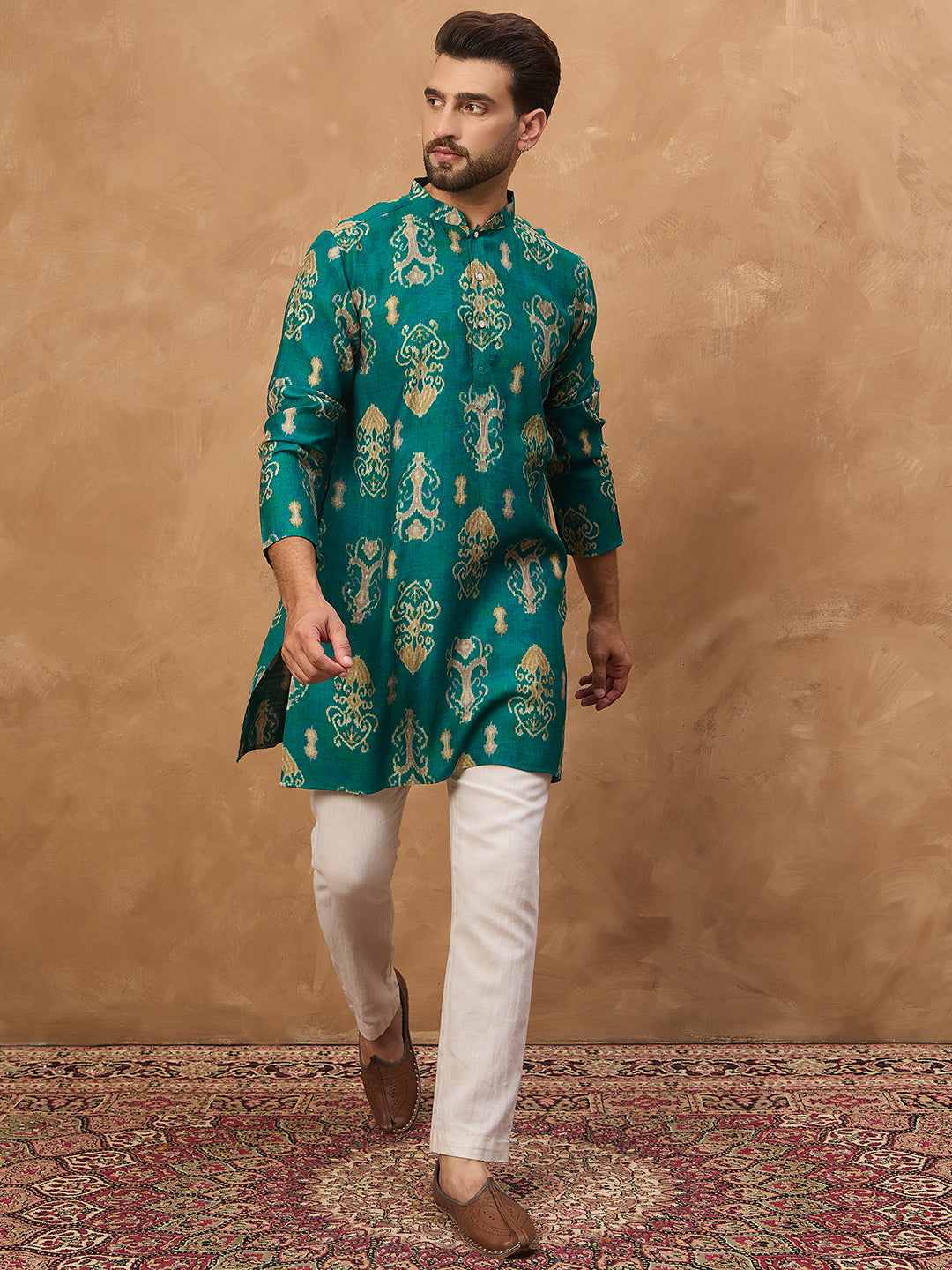 Men Blue Viscose Rayon Ikat Printed Straight Kurta-MKU1546