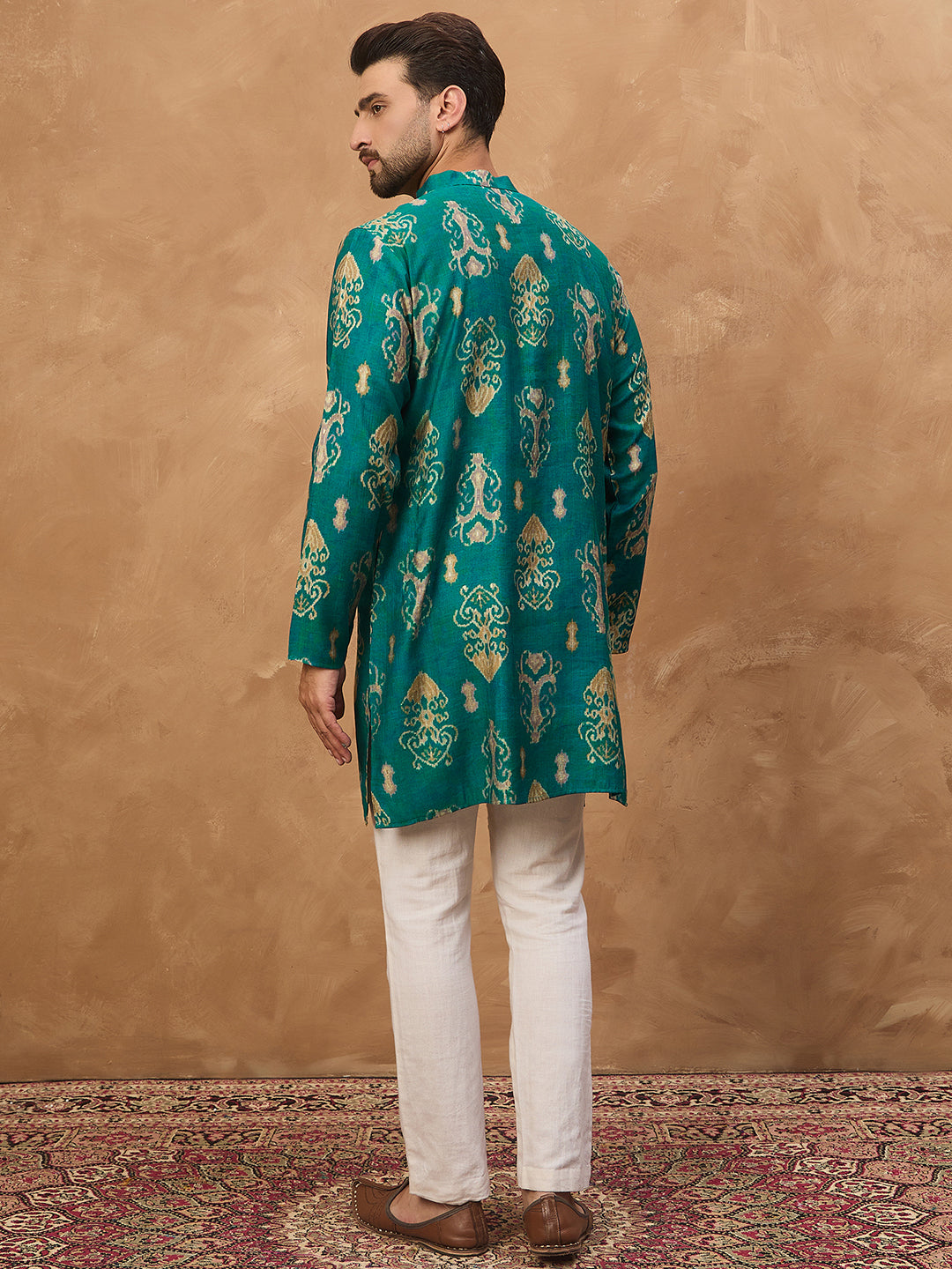 Men Blue Viscose Rayon Ikat Printed Straight Kurta-MKU1546