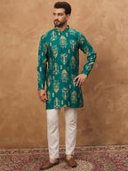 Men Blue Viscose Rayon Ikat Printed Straight Kurta-MKU1546