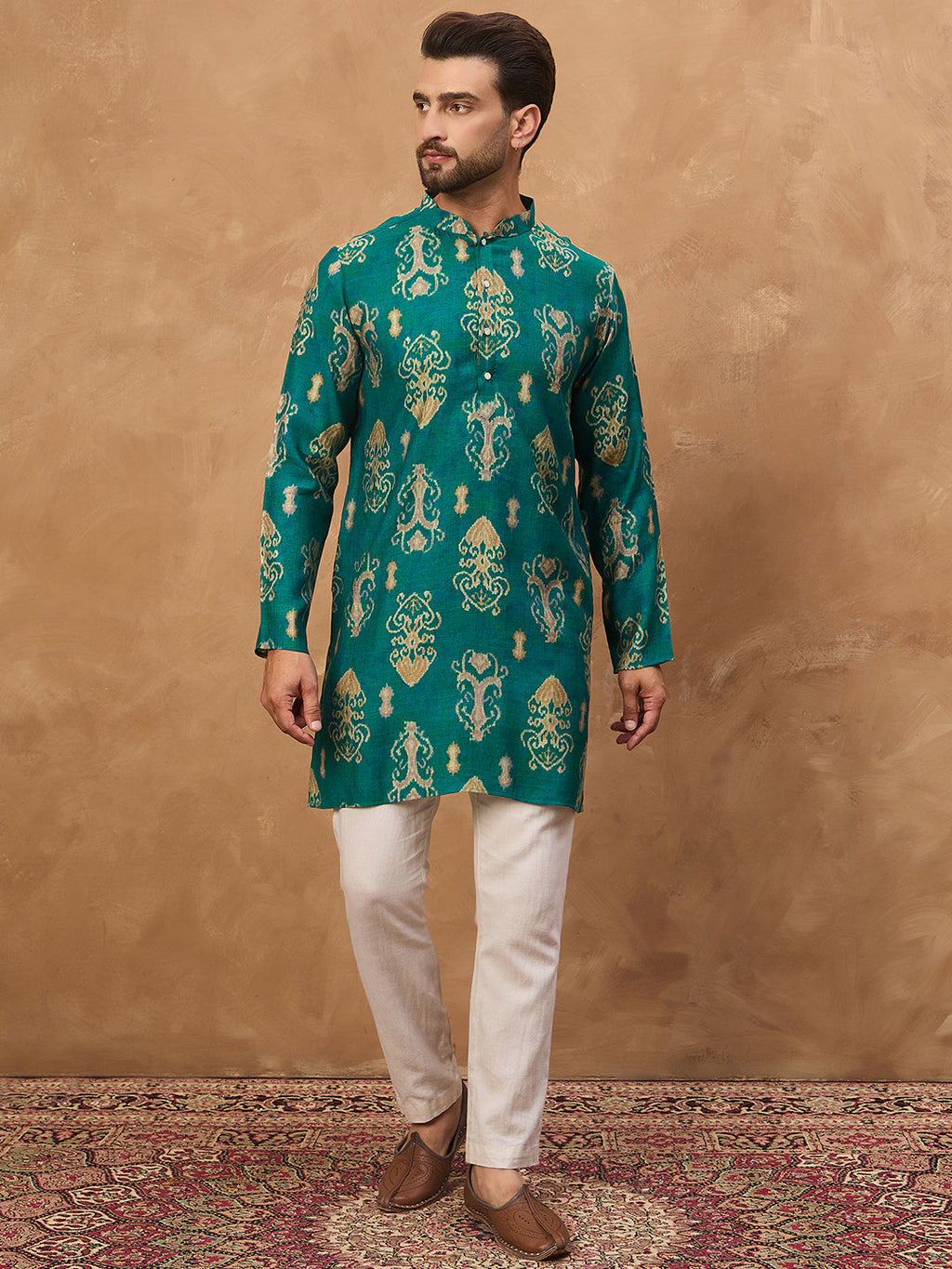 Men Blue Viscose Rayon Ikat Printed Straight Kurta-MKU1546