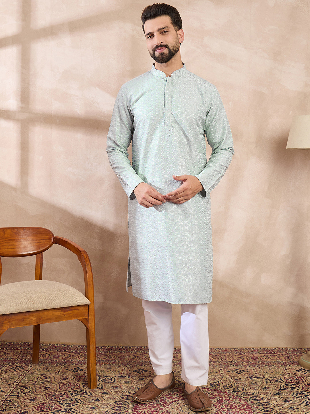 Men Blue Silk Blend Geometric Embroidered Straight Kurta-MKU1548