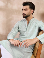 Men Blue Silk Blend Geometric Embroidered Straight Kurta-MKU1548