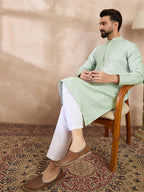 Men Green Silk Blend Geometric Embroidered Straight Kurta-MKU1549