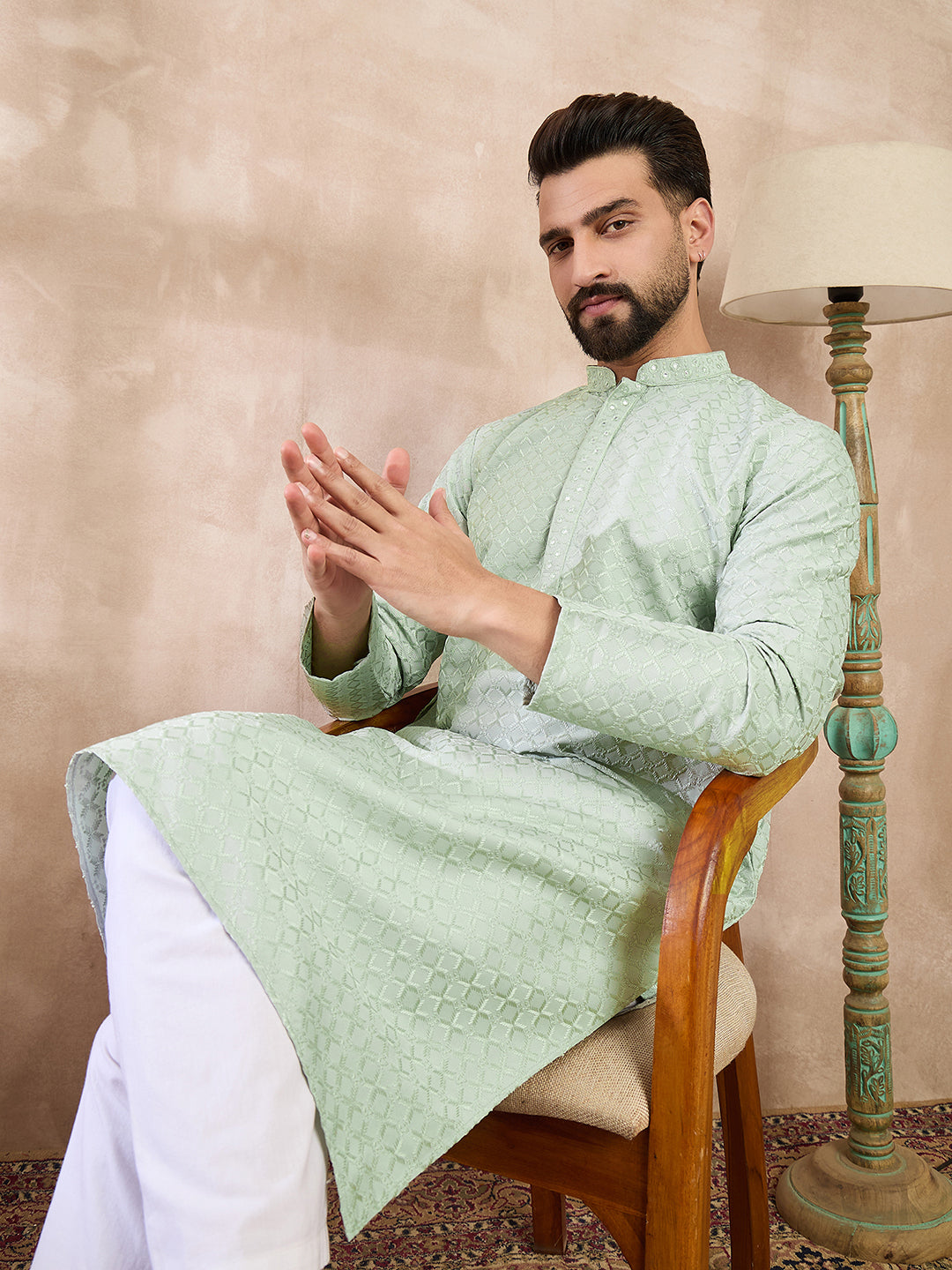 Men Green Silk Blend Geometric Embroidered Straight Kurta-MKU1549