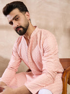 Men Pink Silk Blend Geometric Embroidered Straight Kurta-MKU1550