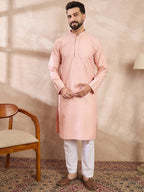 Men Pink Silk Blend Geometric Embroidered Straight Kurta-MKU1550