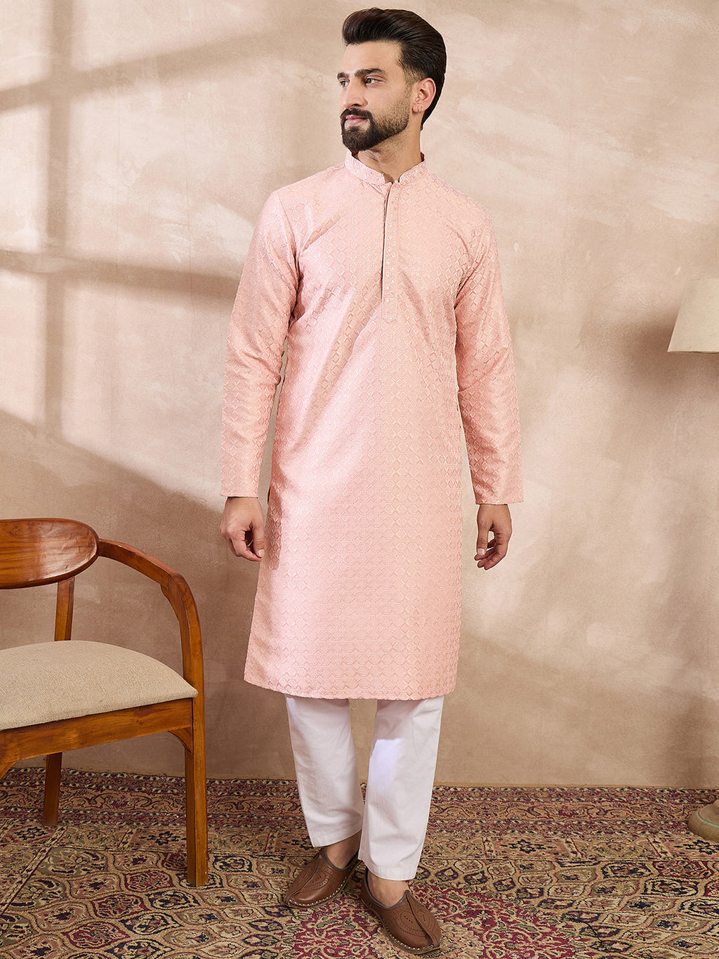 Men Pink Silk Blend Geometric Embroidered Straight Kurta-MKU1550