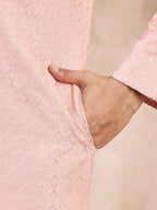 Men Pink Silk Blend Geometric Embroidered Straight Kurta-MKU1550