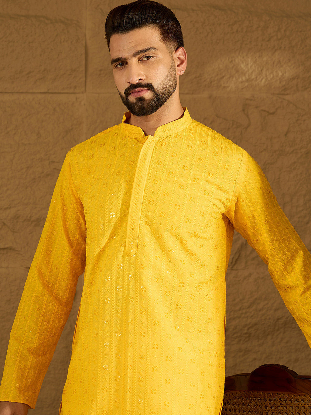 Men Yellow Viscose Rayon Solid Embroidered Straight Kurta-MKU1552