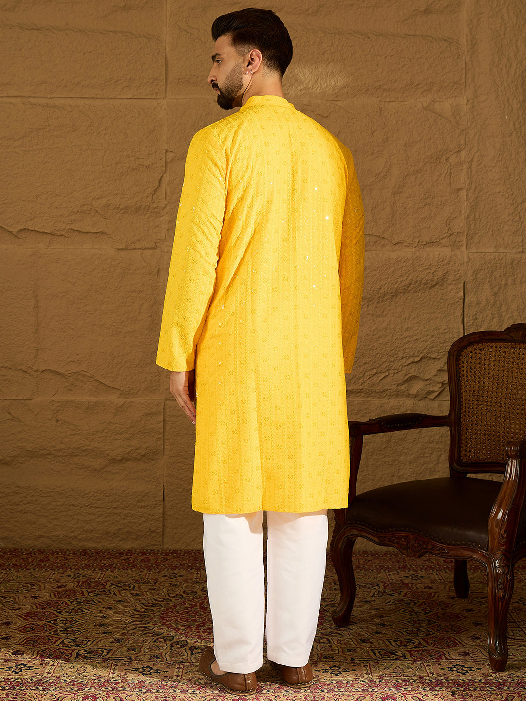 Men Yellow Viscose Rayon Solid Embroidered Straight Kurta-MKU1552