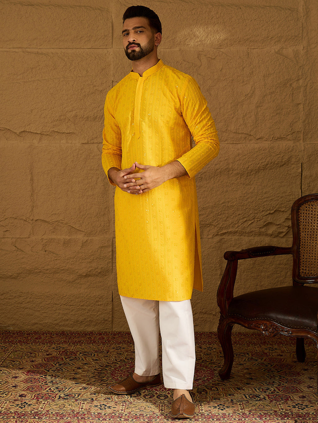 Men Yellow Viscose Rayon Solid Embroidered Straight Kurta-MKU1552