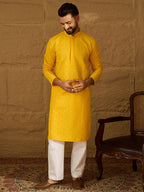 Men Yellow Viscose Rayon Solid Embroidered Straight Kurta-MKU1552