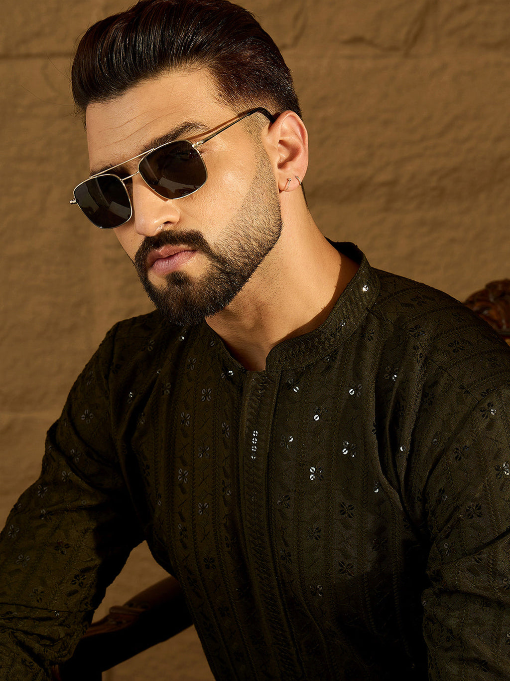 Men Olive Viscose Rayon Solid Embroidered Straight Kurta-MKU1553