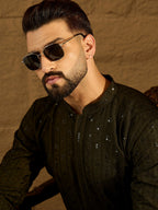 Men Olive Viscose Rayon Solid Embroidered Straight Kurta-MKU1553