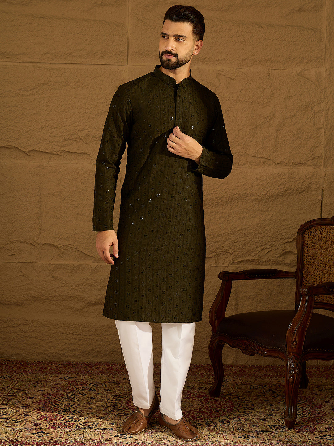 Men Olive Viscose Rayon Solid Embroidered Straight Kurta-MKU1553