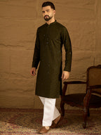 Men Olive Viscose Rayon Solid Embroidered Straight Kurta-MKU1553