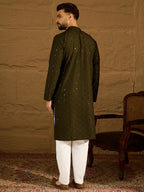 Men Olive Viscose Rayon Solid Embroidered Straight Kurta-MKU1553