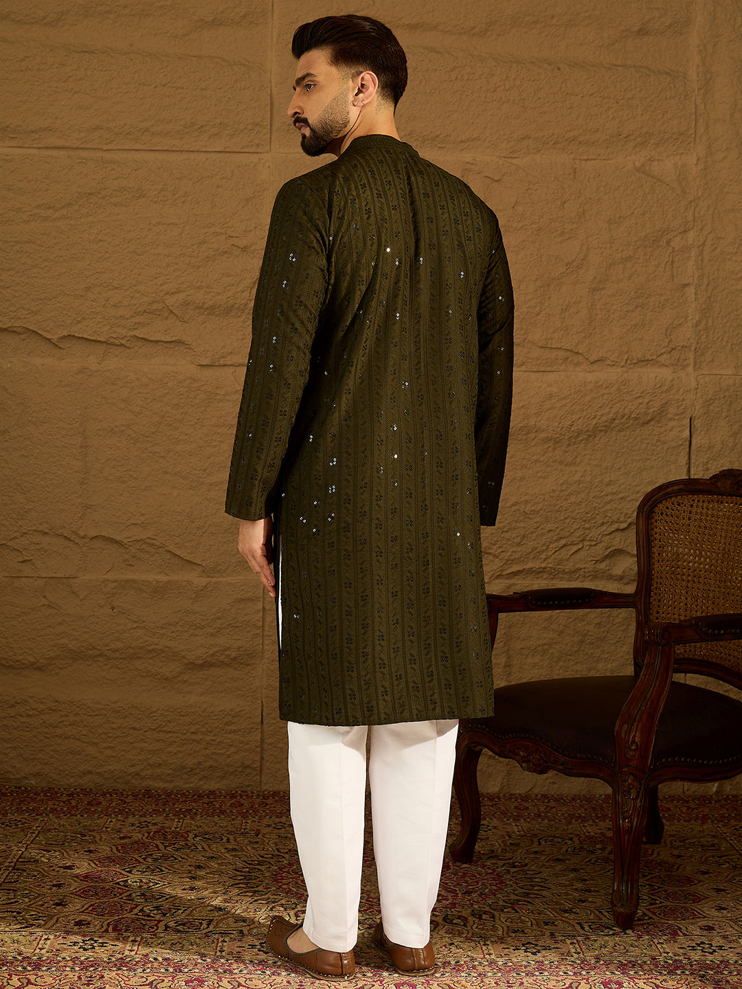 Men Olive Viscose Rayon Solid Embroidered Straight Kurta-MKU1553