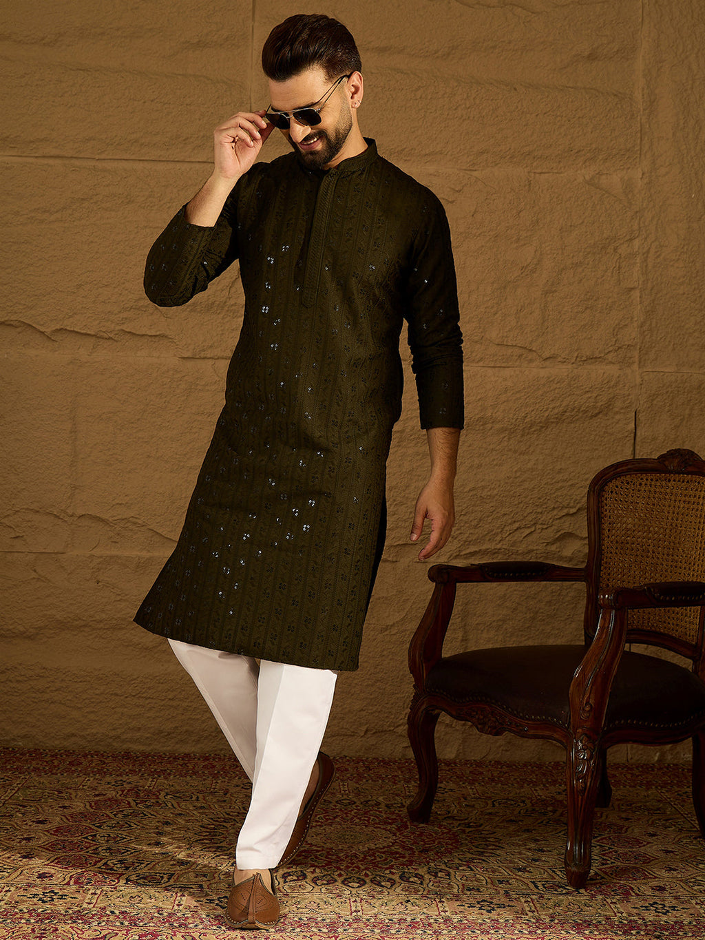 Men Olive Viscose Rayon Solid Embroidered Straight Kurta-MKU1553
