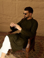 Men Olive Viscose Rayon Solid Embroidered Straight Kurta-MKU1553