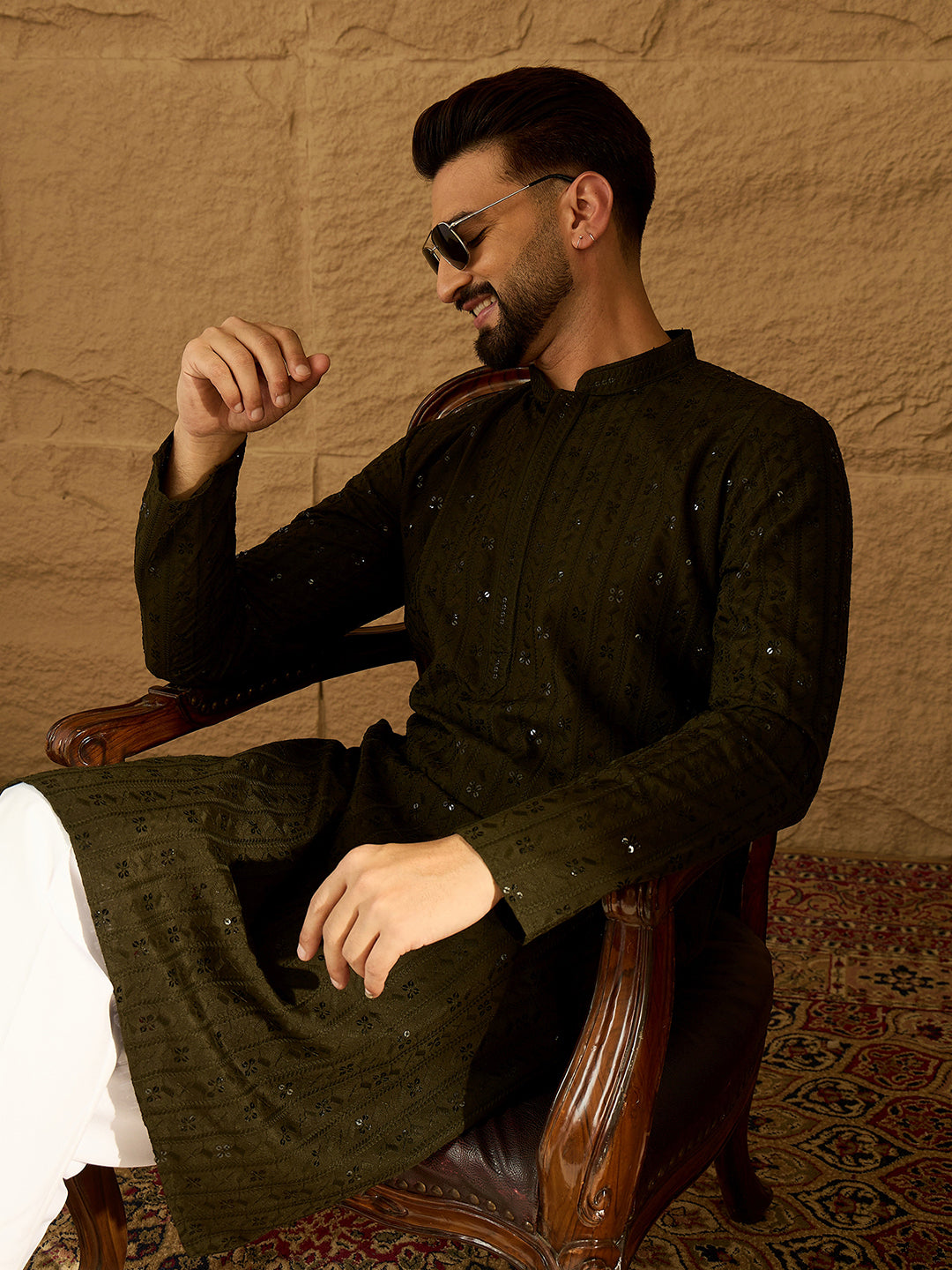 Men Olive Viscose Rayon Solid Embroidered Straight Kurta-MKU1553