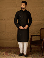 Men Black Viscose Rayon Solid Embroidered Straight Kurta-MKU1554