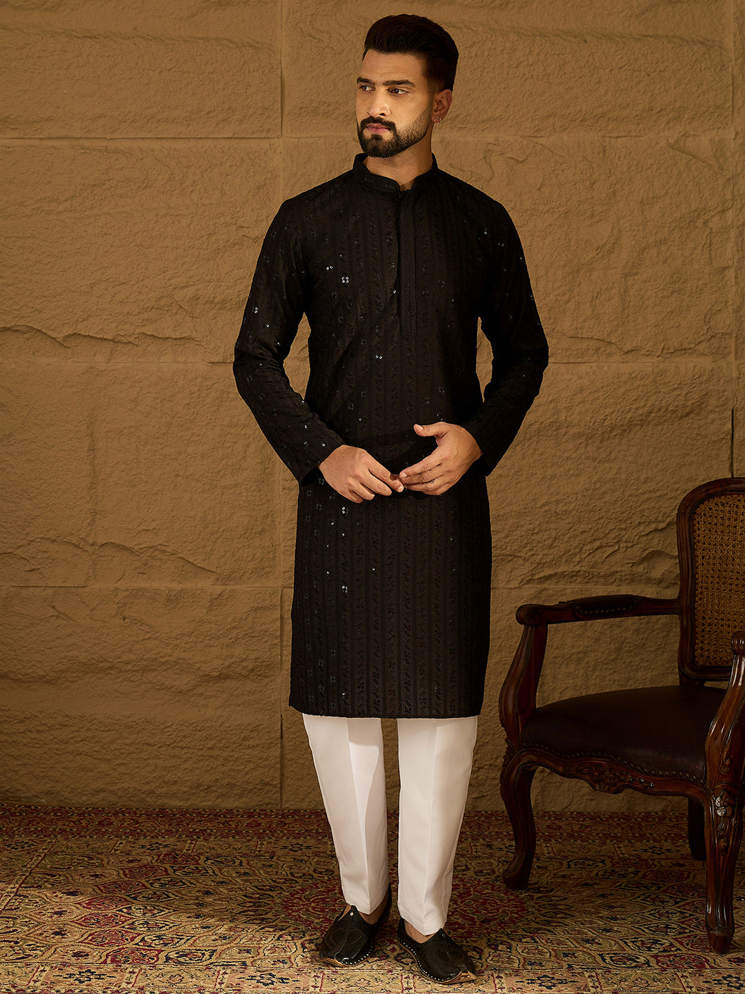 Men Black Viscose Rayon Solid Embroidered Straight Kurta-MKU1554