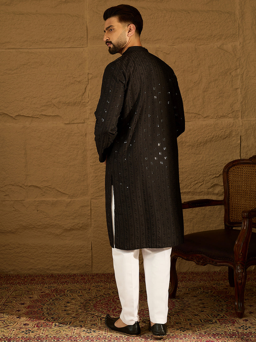 Men Black Viscose Rayon Solid Embroidered Straight Kurta-MKU1554