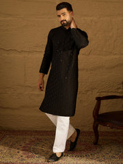 Men Black Viscose Rayon Solid Embroidered Straight Kurta-MKU1554