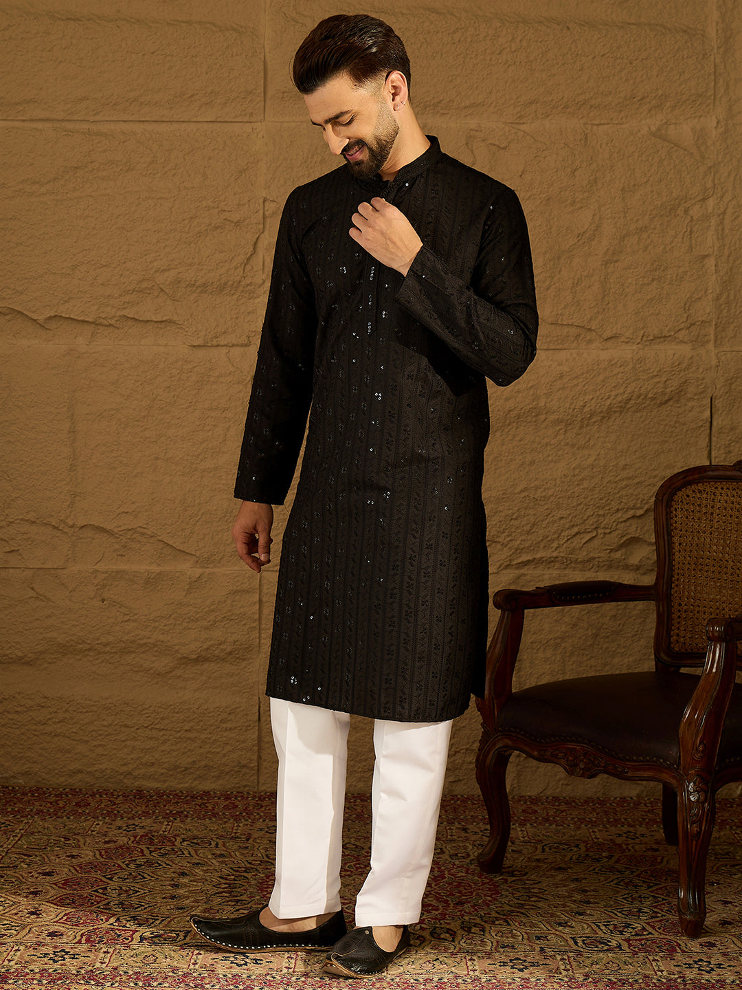 Men Black Viscose Rayon Solid Embroidered Straight Kurta-MKU1554