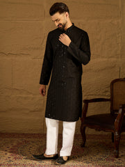 Men Black Viscose Rayon Solid Embroidered Straight Kurta-MKU1554