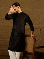 Men Black Viscose Rayon Solid Embroidered Straight Kurta-MKU1554