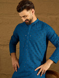 Men Blue Viscose Rayon Solid Embroidered Straight Kurta-MKU1555
