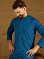 Men Blue Viscose Rayon Solid Embroidered Straight Kurta-MKU1555