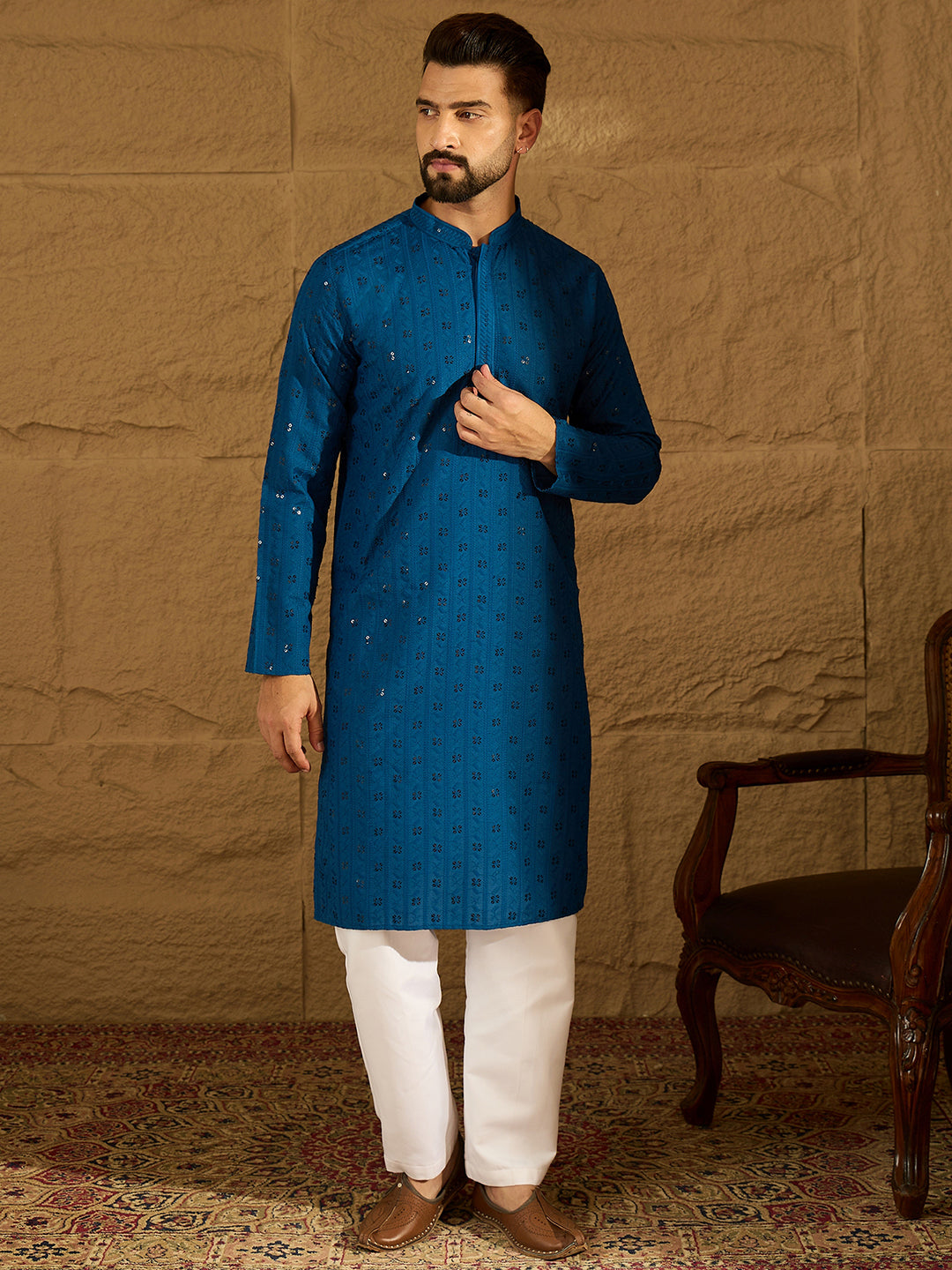 Men Blue Viscose Rayon Solid Embroidered Straight Kurta-MKU1555