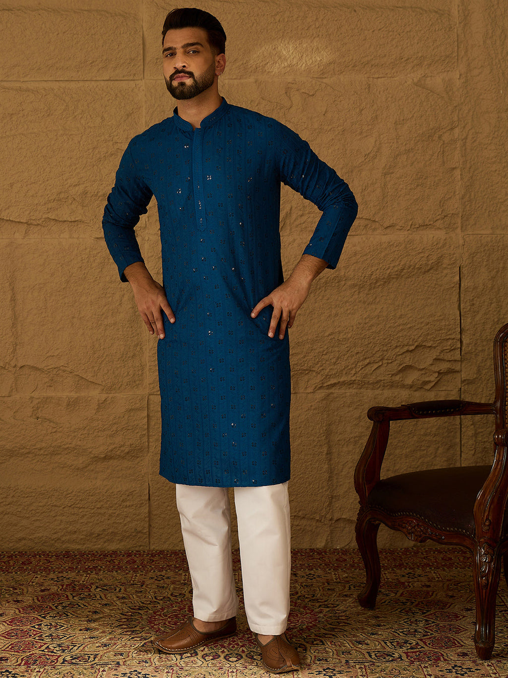 Men Blue Viscose Rayon Solid Embroidered Straight Kurta-MKU1555