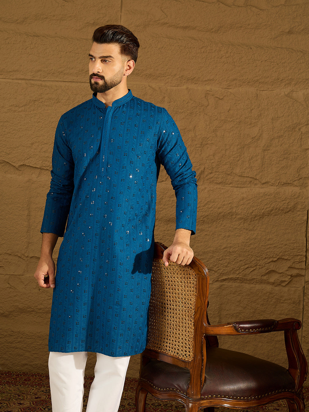 Men Blue Viscose Rayon Solid Embroidered Straight Kurta-MKU1555