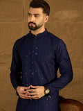 Men Navy Blue Viscose Rayon Solid Embroidered Straight Kurta-MKU1556