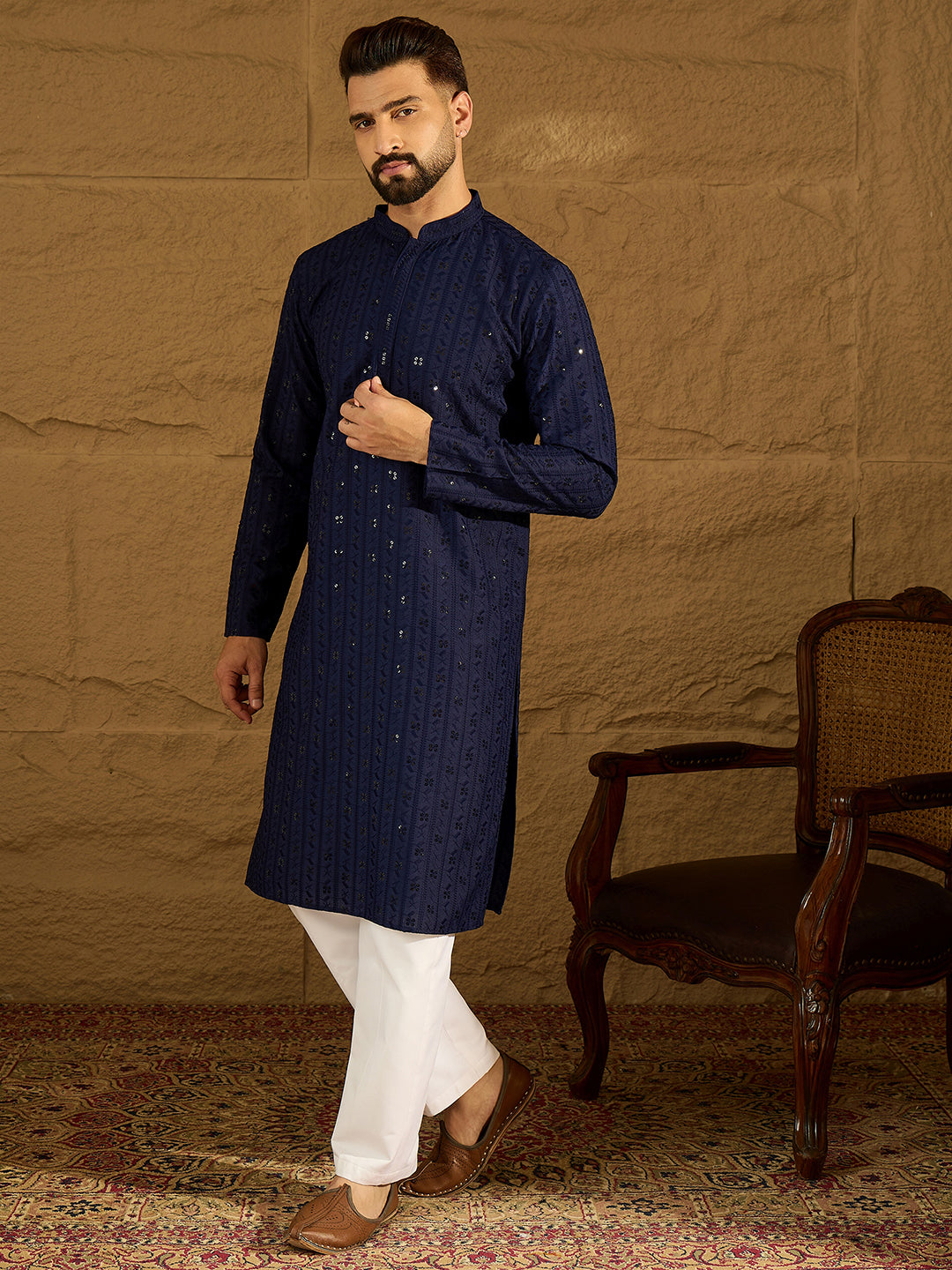 Men Navy Blue Viscose Rayon Solid Embroidered Straight Kurta-MKU1556