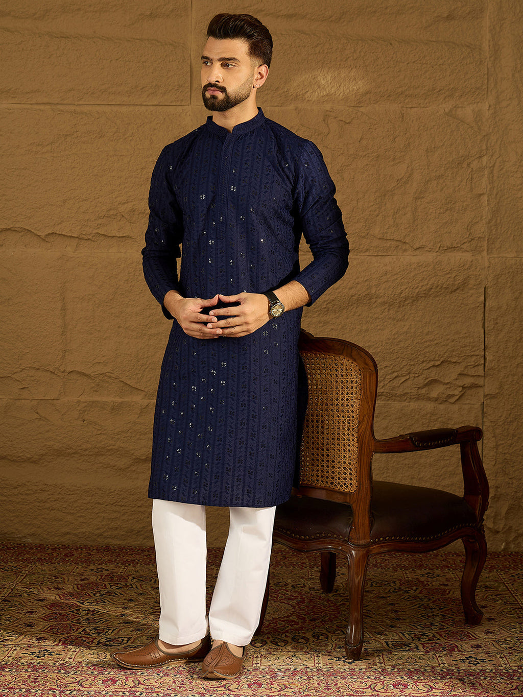 Men Navy Blue Viscose Rayon Solid Embroidered Straight Kurta-MKU1556