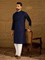 Men Navy Blue Viscose Rayon Solid Embroidered Straight Kurta-MKU1556