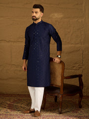 Men Navy Blue Viscose Rayon Solid Embroidered Straight Kurta-MKU1556