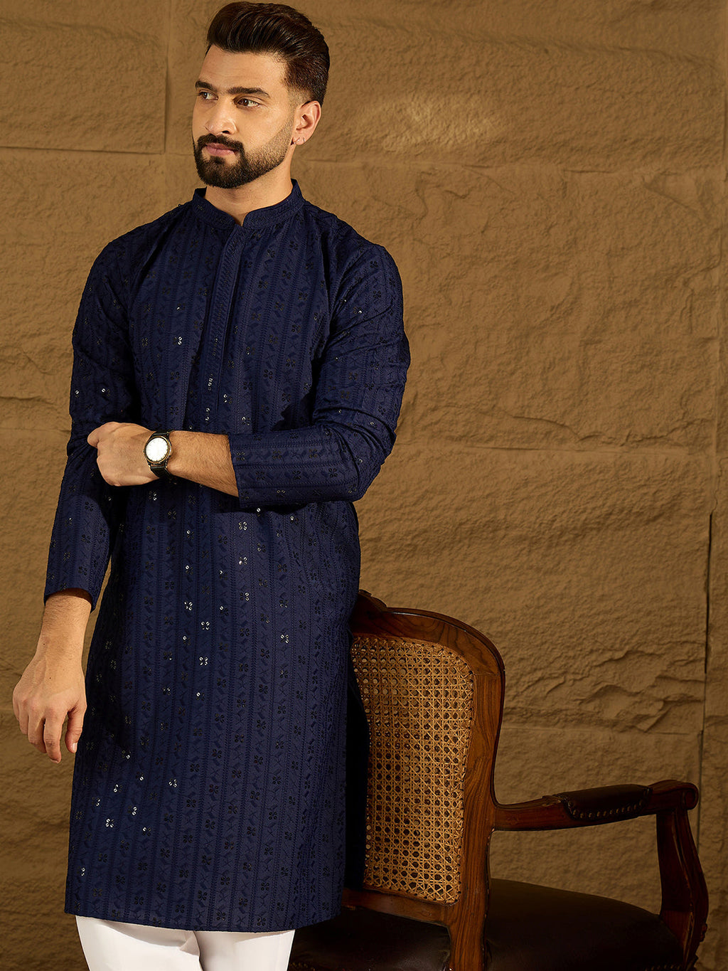 Men Navy Blue Viscose Rayon Solid Embroidered Straight Kurta-MKU1556