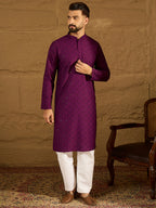 Men Purple Viscose Rayon Solid Embroidered Straight Kurta-MKU1557