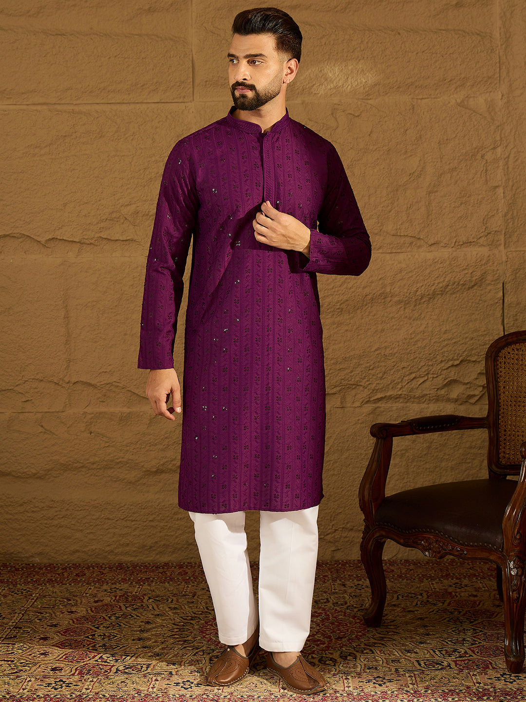 Men Purple Viscose Rayon Solid Embroidered Straight Kurta-MKU1557