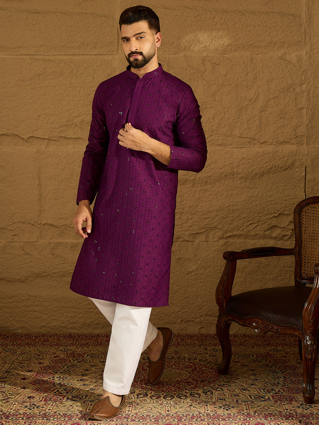 Men Purple Viscose Rayon Solid Embroidered Straight Kurta-MKU1557