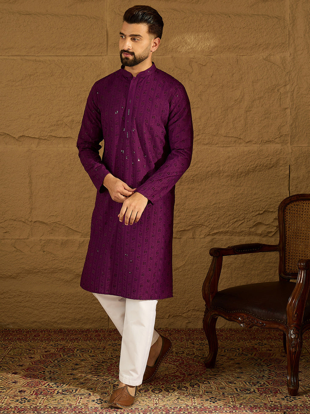 Men Purple Viscose Rayon Solid Embroidered Straight Kurta-MKU1557