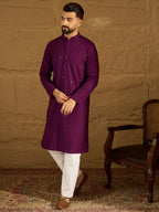 Men Purple Viscose Rayon Solid Embroidered Straight Kurta-MKU1557