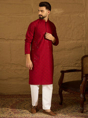 Men Maroon Viscose Rayon Solid Embroidered Straight Kurta-MKU1558