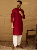 Men Maroon Viscose Rayon Solid Embroidered Straight Kurta-MKU1558